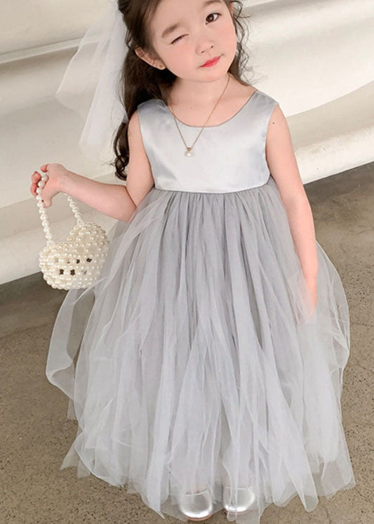 Cute Grey O Neck Wrinkled Patchwork Tulle Baby Girls Party Dress Sleeveless Ada Fashion