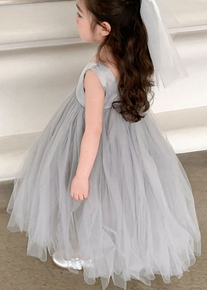 Cute Grey O Neck Wrinkled Patchwork Tulle Baby Girls Party Dress Sleeveless Ada Fashion