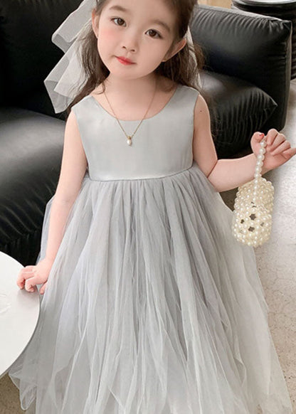 Cute Grey O Neck Wrinkled Patchwork Tulle Baby Girls Party Dress Sleeveless Ada Fashion