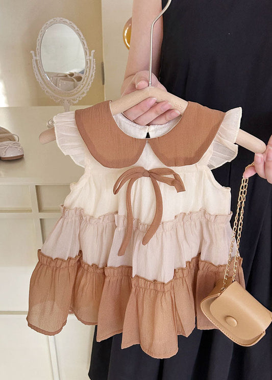 Cute Khaki Peter Pan Collar Ruffled Chiffon Kids Girls Dress Summer LY5429 - fabuloryshop