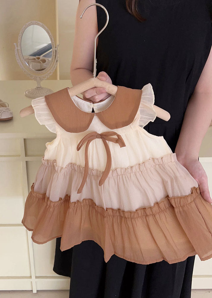 Cute Khaki Peter Pan Collar Ruffled Chiffon Kids Girls Dress Summer LY5429 - fabuloryshop