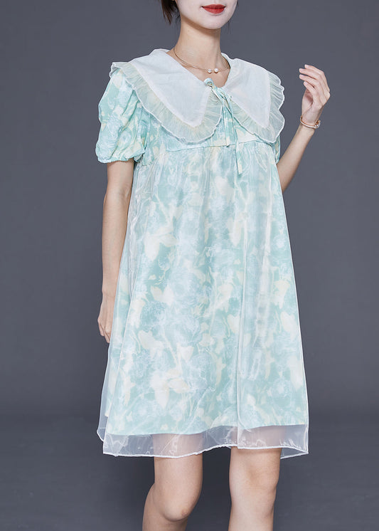 Cute Light Blue Bow Collar Print Tulle A Line Dress Summer LY3689