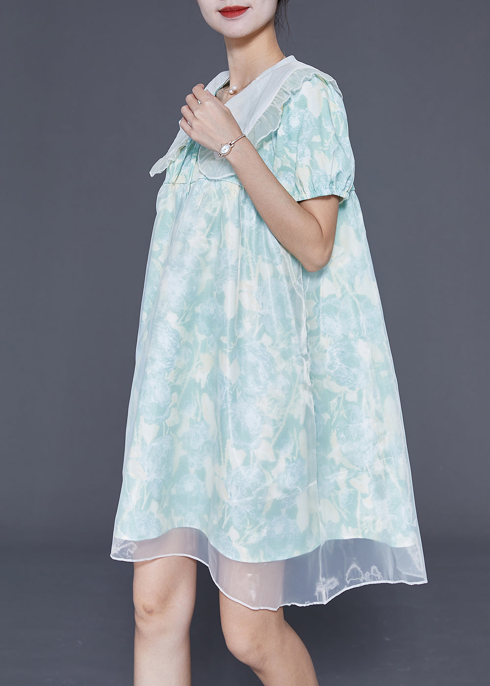 Cute Light Blue Bow Collar Print Tulle A Line Dress Summer LY3689 - fabuloryshop