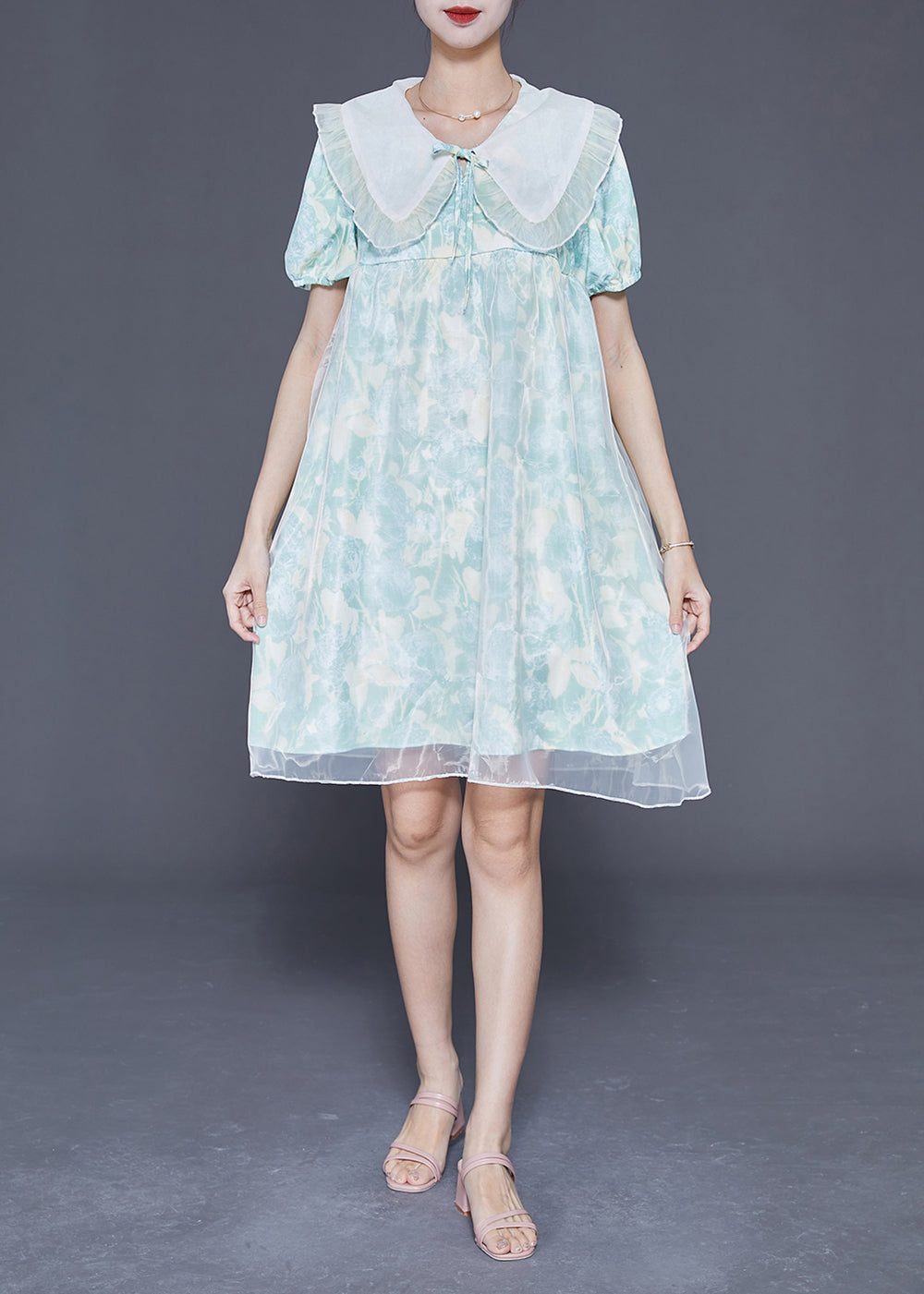 Cute Light Blue Bow Collar Print Tulle A Line Dress Summer LY3689 - fabuloryshop