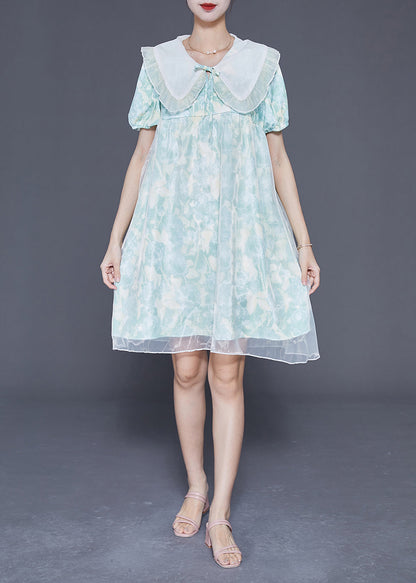 Cute Light Blue Bow Collar Print Tulle A Line Dress Summer LY3689 - fabuloryshop