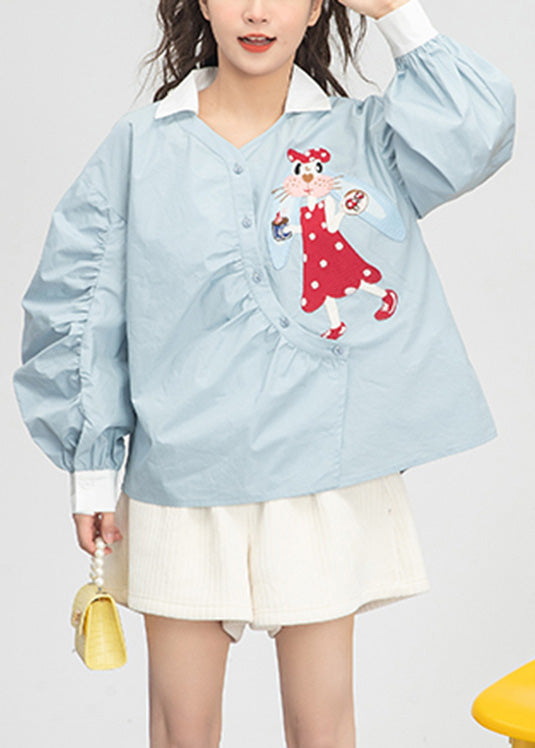 Cute Light Blue Embroideried Floral Button Cotton Shirts Spring LY0800 - fabuloryshop