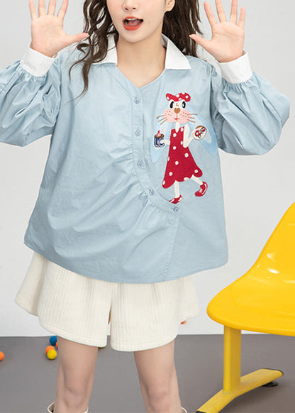 Cute Light Blue Embroideried Floral Button Cotton Shirts Spring LY0800 - fabuloryshop