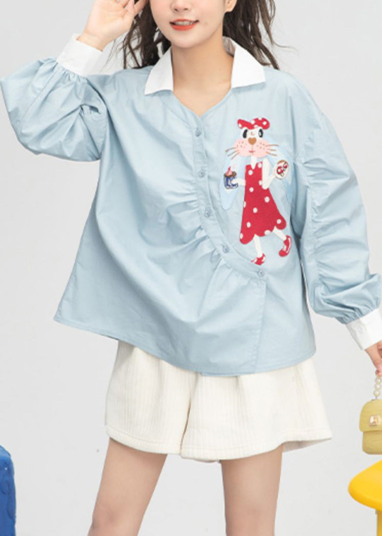 Cute Light Blue Embroideried Floral Button Cotton Shirts Spring LY0800 - fabuloryshop