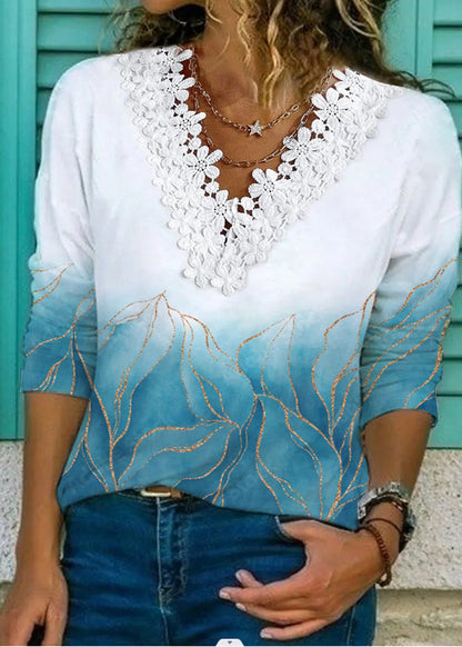 Cute Light Blue V Neck Lace Patchwork Print T Shirt Long Sleeve LY1962 - fabuloryshop