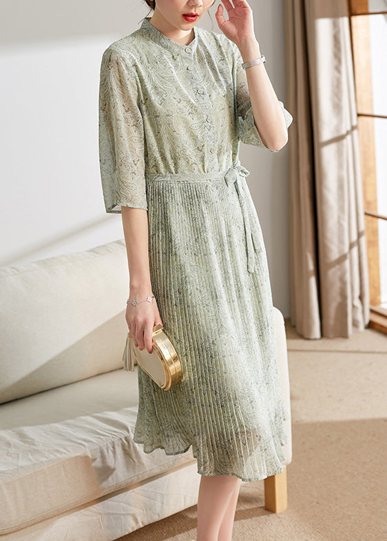 Cute Light Green Print Button Tie Waist Chiffon Holiday Maxi Dress Summer LY1743 - fabuloryshop