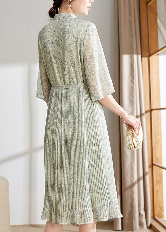 Cute Light Green Print Button Tie Waist Chiffon Holiday Maxi Dress Summer LY1743 - fabuloryshop