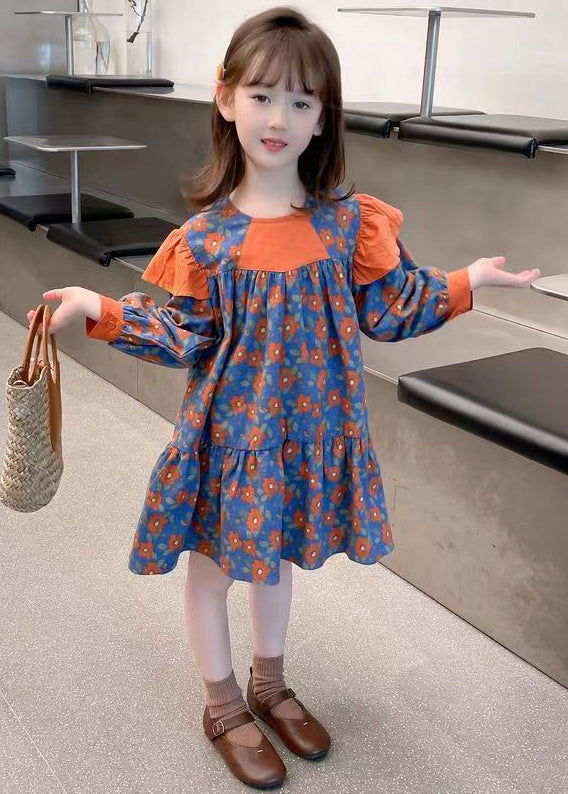 Cute Orange O Neck Print Patchwork Cotton Girls Dress Fall Ada Fashion