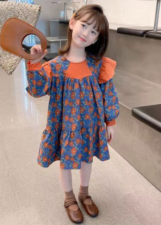 Cute Orange O Neck Print Patchwork Cotton Girls Dress Fall Ada Fashion