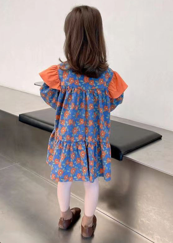 Cute Orange O Neck Print Patchwork Cotton Girls Dress Fall Ada Fashion