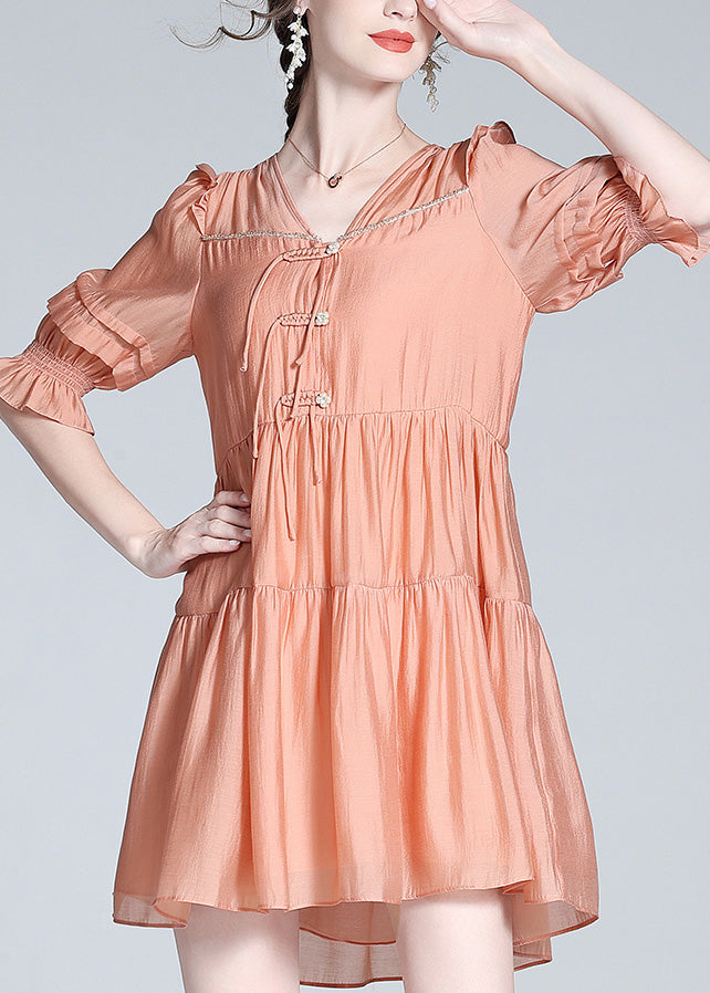 Cute Orange V Neck Patchwork Button Solid Silk Mid Dress Summer LY1018 - fabuloryshop