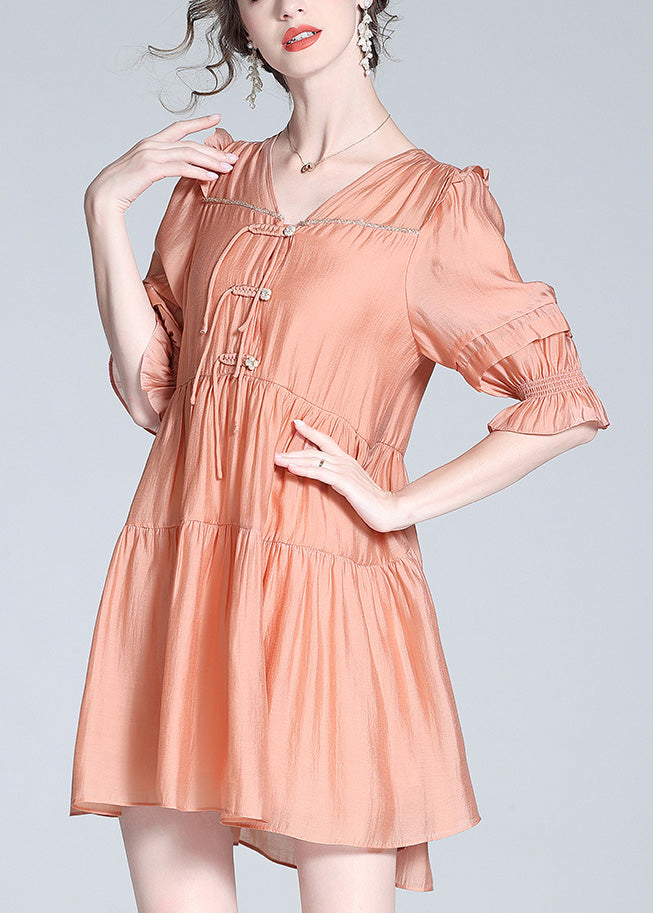 Cute Orange V Neck Patchwork Button Solid Silk Mid Dress Summer LY1018 - fabuloryshop