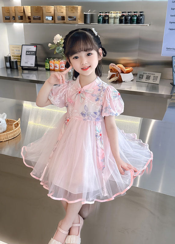 Cute Pink Embroideried Chinese Button Patchwork Tulle Baby Girls Dresses Summer LY6528 - fabuloryshop