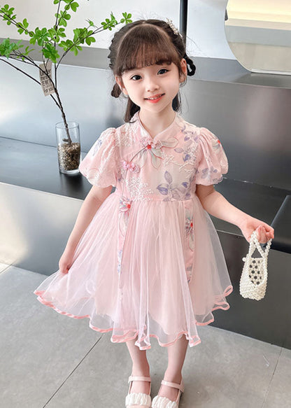 Cute Pink Embroideried Chinese Button Patchwork Tulle Baby Girls Dresses Summer LY6528 - fabuloryshop