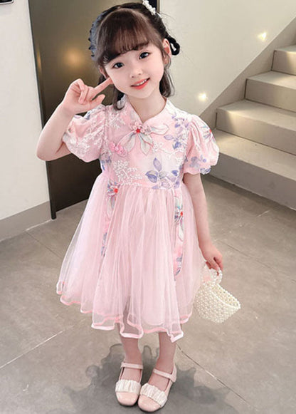 Cute Pink Embroideried Chinese Button Patchwork Tulle Baby Girls Dresses Summer LY6528 - fabuloryshop