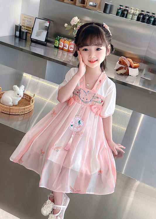 Cute Pink Embroideried Patchwork Bow Chiffon Kids Maxi Dress Summer LY6429 - fabuloryshop