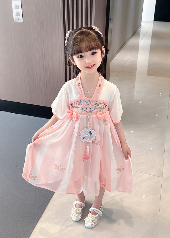 Cute Pink Embroideried Patchwork Bow Chiffon Kids Maxi Dress Summer LY6429 - fabuloryshop