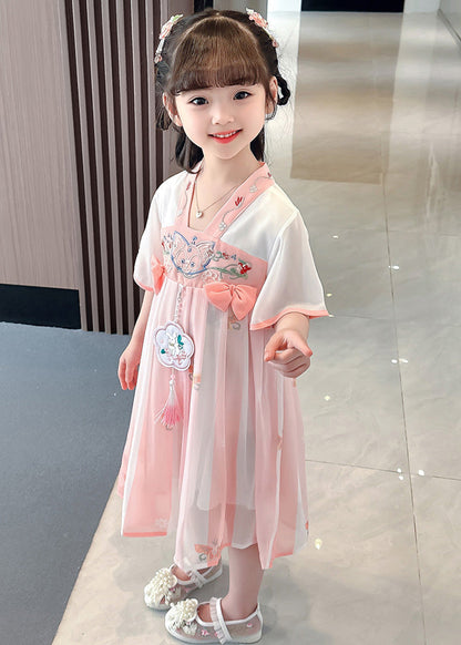 Cute Pink Embroideried Patchwork Bow Chiffon Kids Maxi Dress Summer LY6429 - fabuloryshop