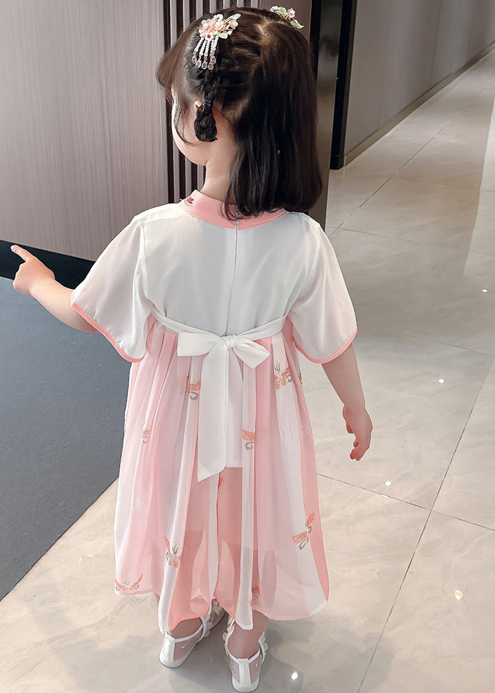 Cute Pink Embroideried Patchwork Bow Chiffon Kids Maxi Dress Summer LY6429 - fabuloryshop