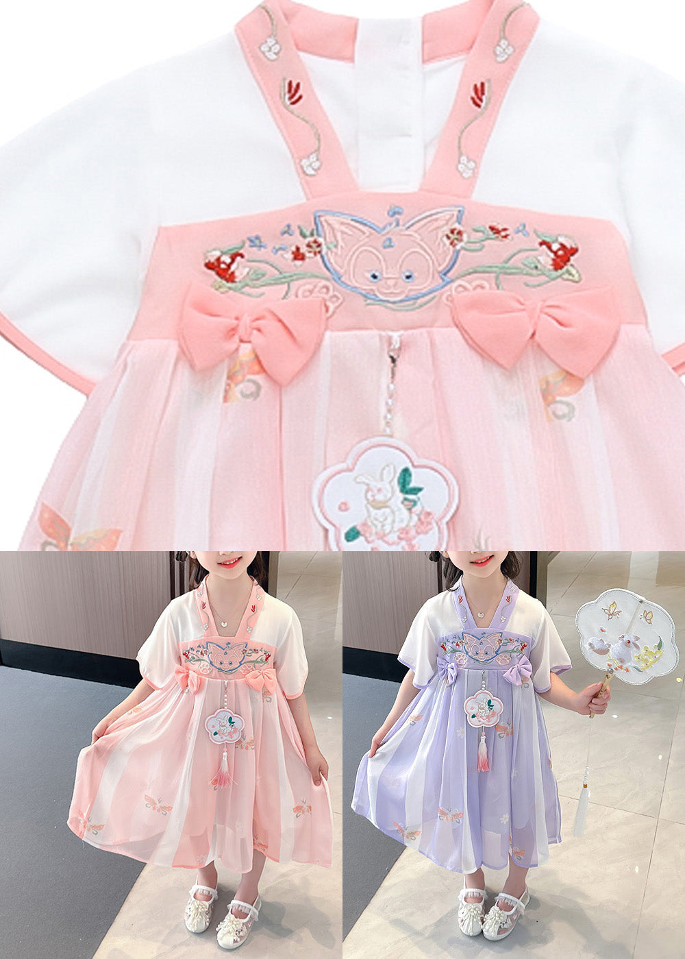 Cute Pink Embroideried Patchwork Bow Chiffon Kids Maxi Dress Summer LY6429 - fabuloryshop