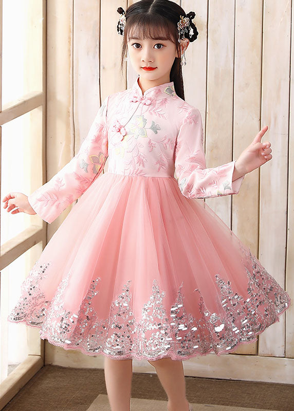 Cute Pink Embroideried Patchwork Tulle Girls Long Dress Fall Ada Fashion