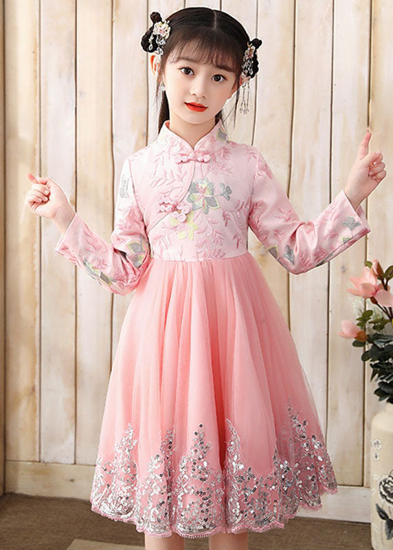 Cute Pink Embroideried Patchwork Tulle Girls Long Dress Fall Ada Fashion