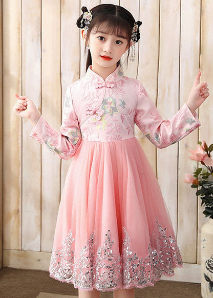 Cute Pink Embroideried Patchwork Tulle Girls Long Dress Fall Ada Fashion