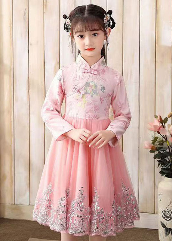 Cute Pink Embroideried Patchwork Tulle Girls Long Dress Fall Ada Fashion