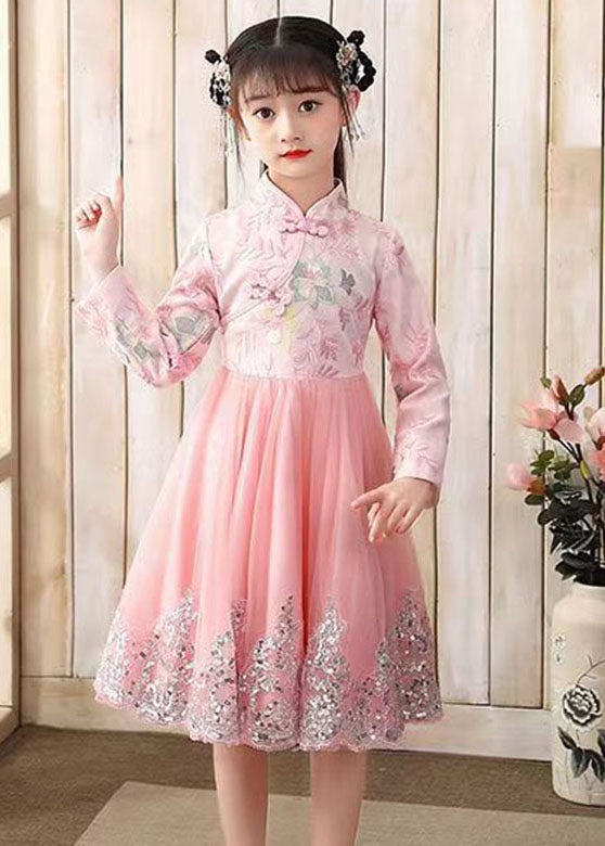 Cute Pink Embroideried Patchwork Tulle Girls Long Dress Fall Ada Fashion