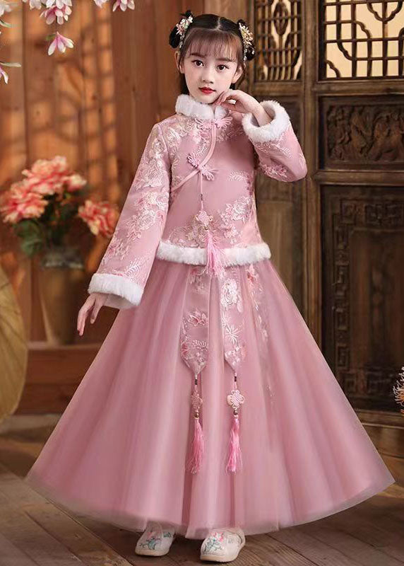 Cute Pink Fur Collar Embroideried Girls Coats And Tulle Maxi Skirts Two Pieces Set Winter Ada Fashion