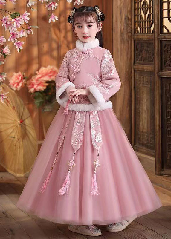 Cute Pink Fur Collar Embroideried Girls Coats And Tulle Maxi Skirts Two Pieces Set Winter Ada Fashion