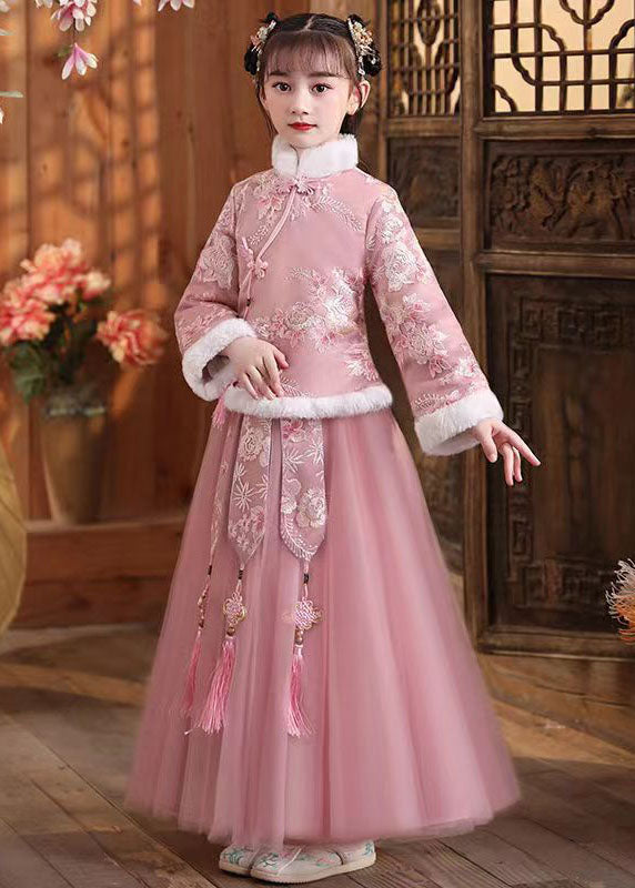 Cute Pink Fur Collar Embroideried Girls Coats And Tulle Maxi Skirts Two Pieces Set Winter Ada Fashion