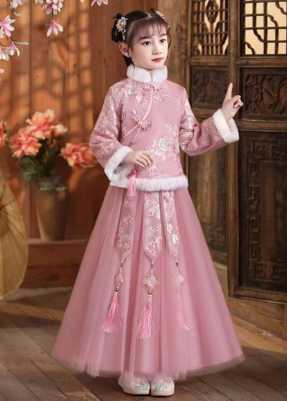 Cute Pink Fur Collar Embroideried Girls Coats And Tulle Maxi Skirts Two Pieces Set Winter Ada Fashion