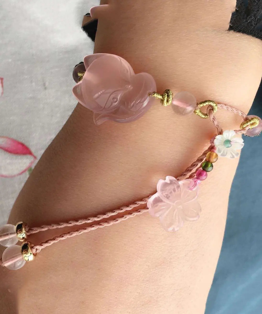 Cute Pink Hand Knitting Crystal Furong Stone Fox Charm Bracelet Ada Fashion