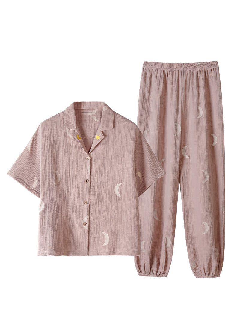 Cute Pink Notched Print Button Cotton Pajamas Two Pieces Set Summer LY1885 - fabuloryshop