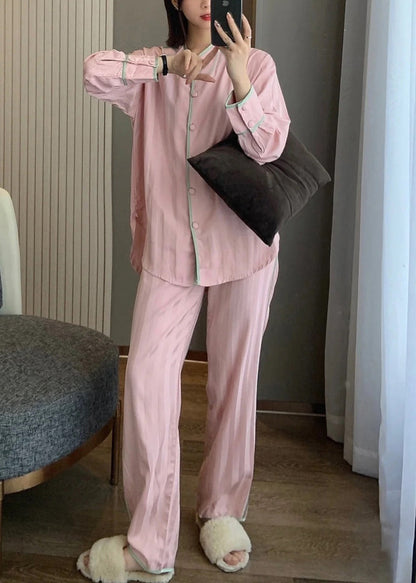 Cute Pink O-Neck Button Side Open Solid Ice Silk Pajamas Two Pieces Set Spring TO1046 - fabuloryshop