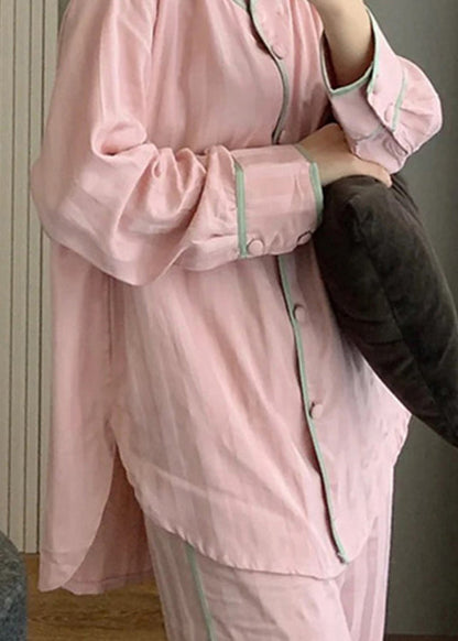 Cute Pink O-Neck Button Side Open Solid Ice Silk Pajamas Two Pieces Set Spring TO1046 - fabuloryshop