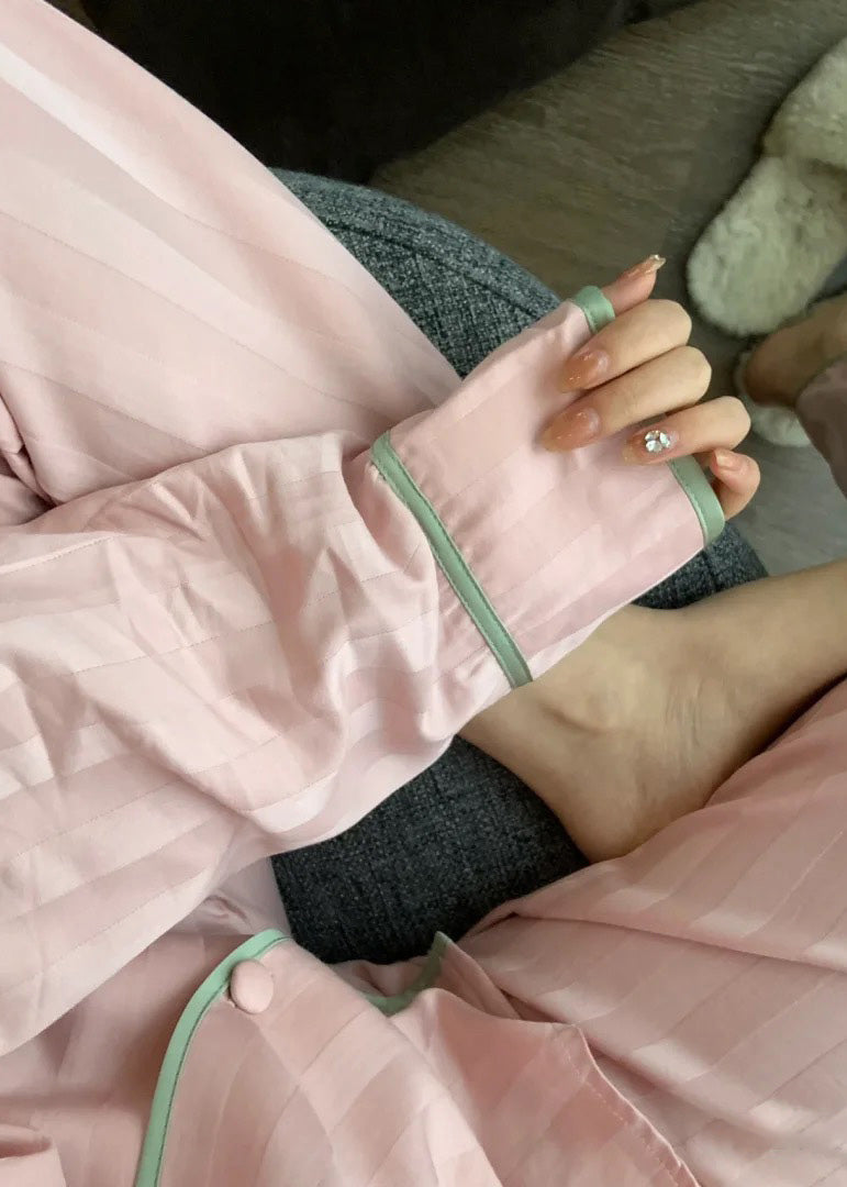 Cute Pink O-Neck Button Side Open Solid Ice Silk Pajamas Two Pieces Set Spring TO1046 - fabuloryshop