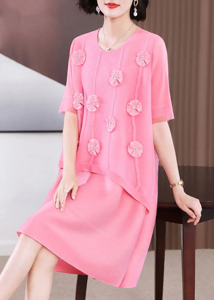 Cute Pink O-Neck Floral Patchwork Long Dress Short Sleeve Ada Fashion