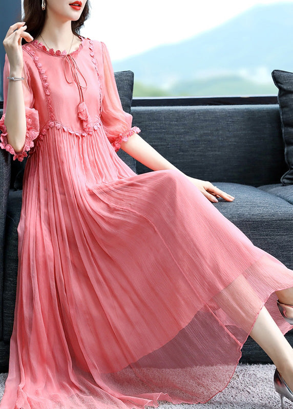 Cute Pink O-Neck Patchwork Wrinkled Silk Maxi Dress Summer Ada Fashion