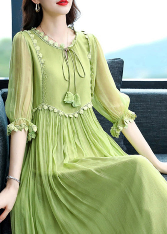 Cute Pink O-Neck Patchwork Wrinkled Silk Maxi Dress Summer Ada Fashion