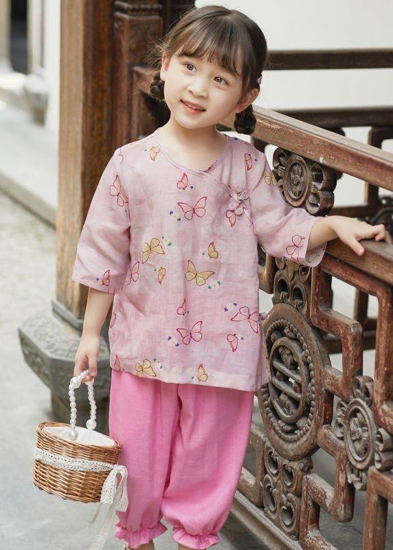 Cute Pink O-Neck Print Button Linen Shirt Summer LY5473 - fabuloryshop