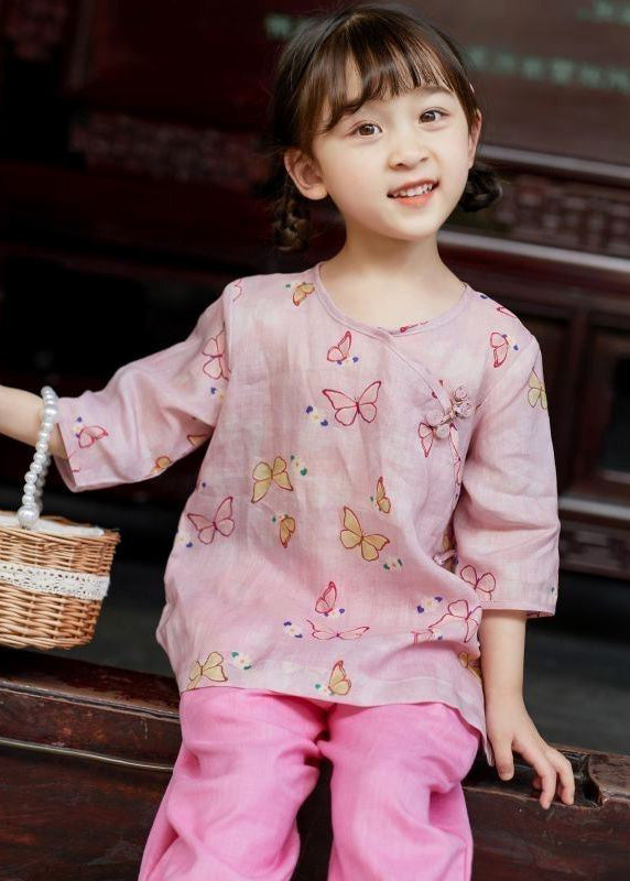 Cute Pink O-Neck Print Button Linen Shirt Summer LY5473 - fabuloryshop