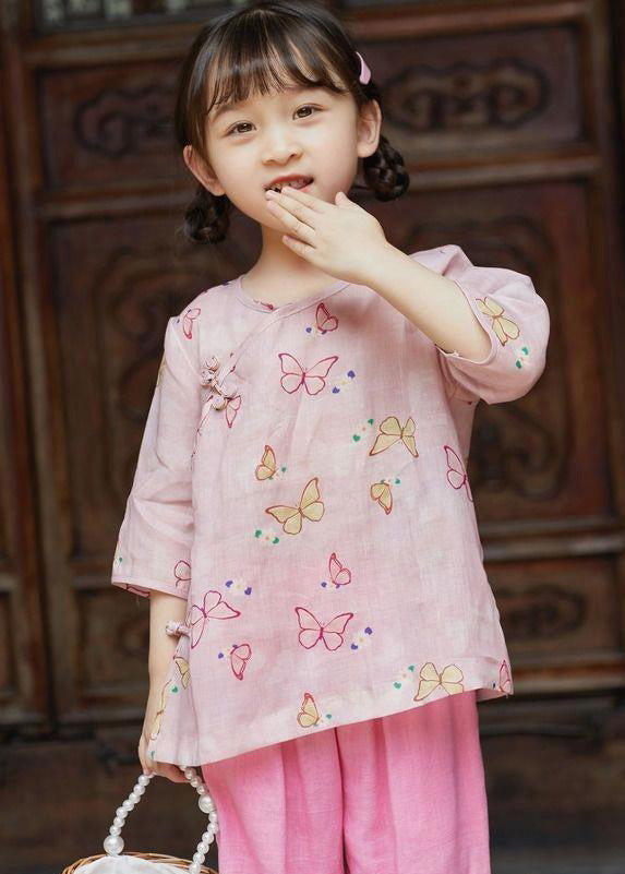 Cute Pink O-Neck Print Button Linen Shirt Summer LY5473 - fabuloryshop