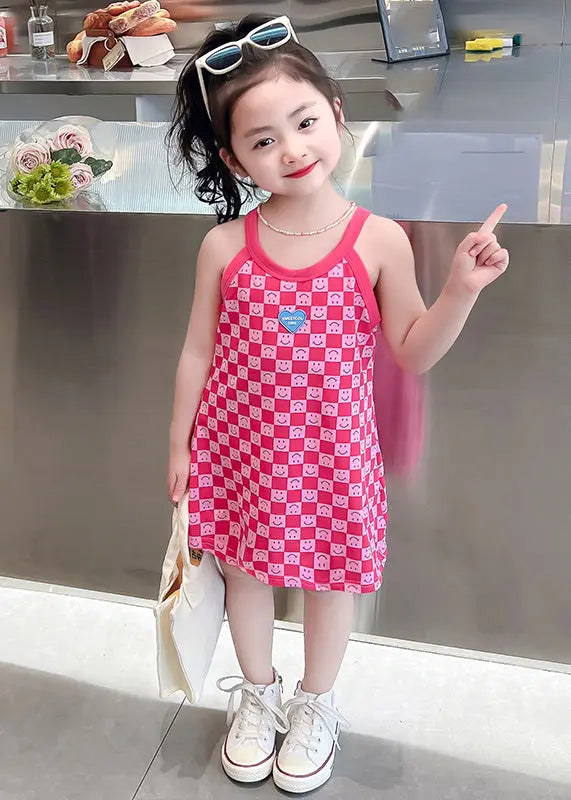Cute Pink O-Neck Print Girls Slip Mid Dress Summer Ada Fashion
