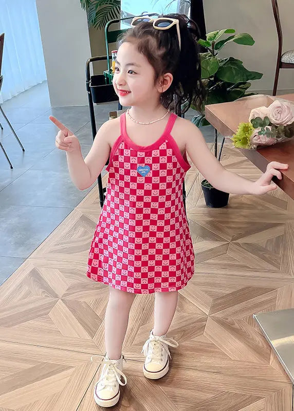 Cute Pink O-Neck Print Girls Slip Mid Dress Summer Ada Fashion